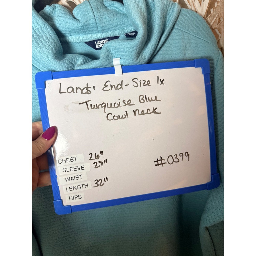 Lands End Womens Turquoise Blue Cowl Neck Textured Tunic Top Thumbholes 1X - Picture 5 of 8